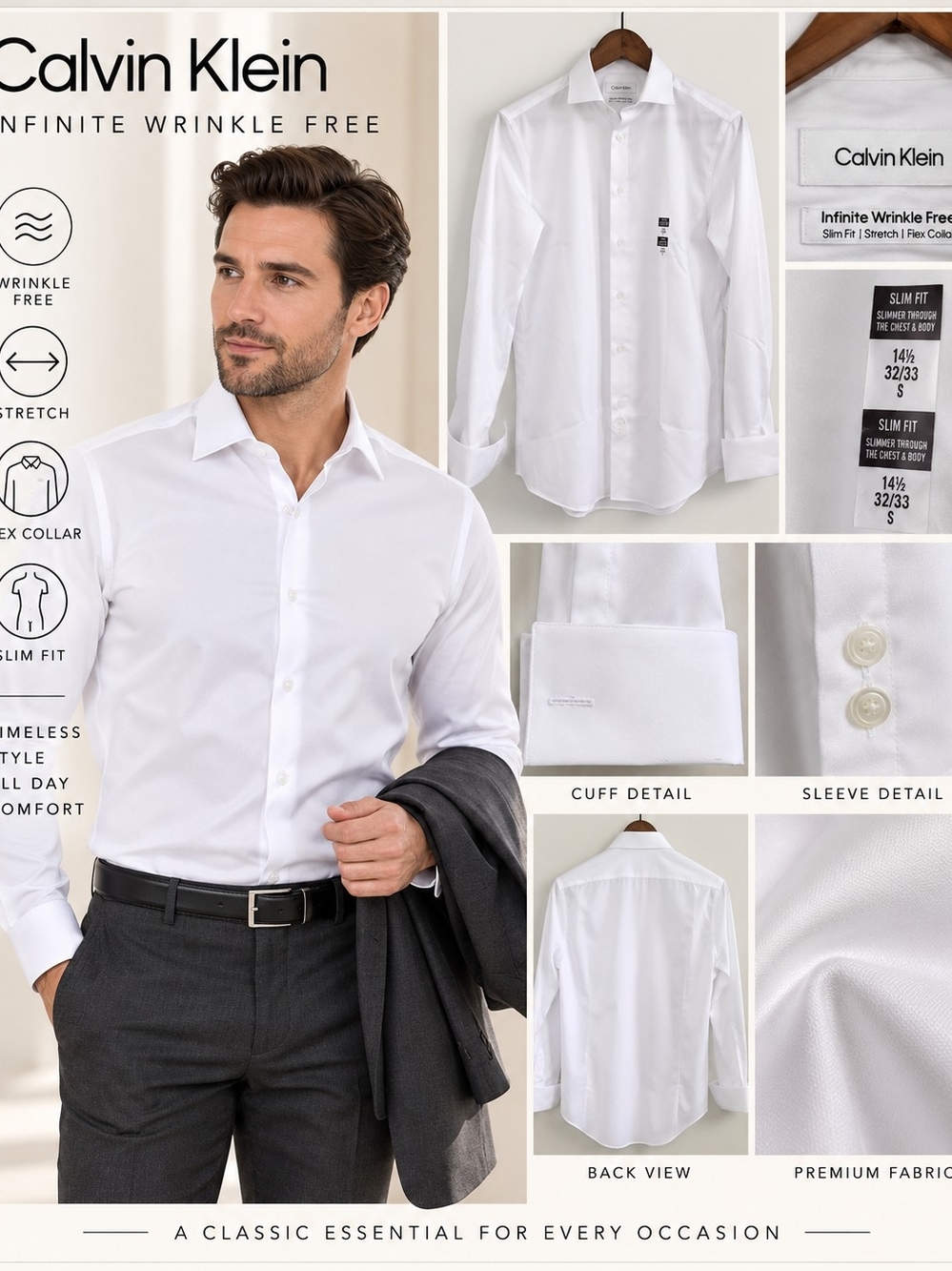 NWT Calvin Klein Infinite Wrinkle Free Slim Fit White Dress Shirt 14.5 32/33